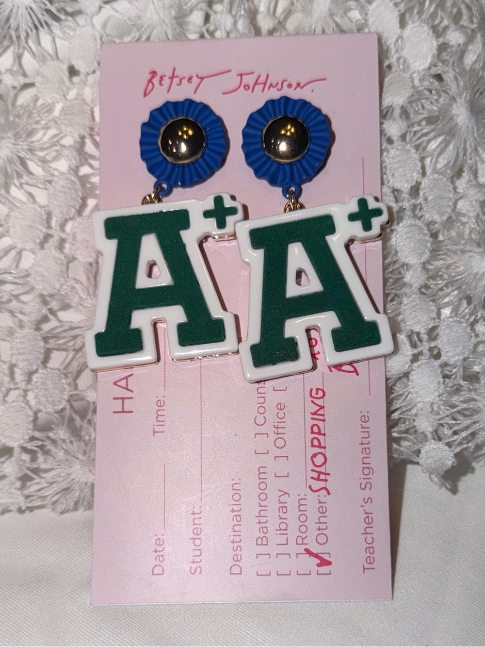 Betsey Johnson Green 'A+' Drop Earrings MSRP $58